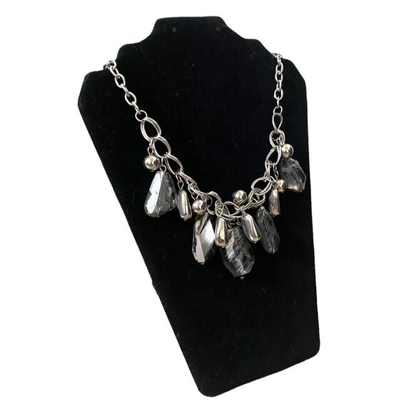 Black + Gray Metallic Chrome Mismatched Adjustable Beaded Necklace Silver Tone - Picture 3 of 4